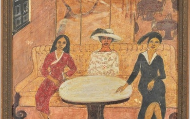 Early 20th century African American school painting. 3 woman seated on a sofa in a lobby setting