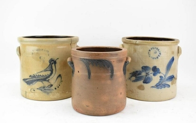 Earthenware Feather Decorated Handled Crock