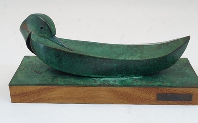 Eastern European / Israeli School, 20th century, Bird, bronze on rectangular wooden plinth, bearing plaque with indistinct signature and dated ‘73’, the base 34.3cm long