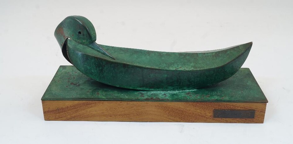 Eastern European / Israeli School, 20th century, Bird, bronze on rectangular wooden plinth, bearing plaque with indistinct signature and dated ‘73’, the base 34.3cm long