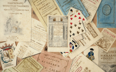 Ecole belge, 1832 (D. de Hoop) Trompe-l'œil au frontispice du Nouveau Testament, aux imprimés et aux cartes à jouer