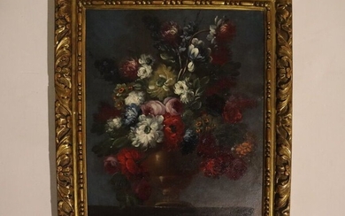 Circa 1900. Nature morte, vase aux fleurs. Huile sur toile. Dimensions : 47 x 38...