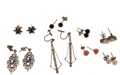 Eight assorted pairs of gold earrings to include seed pearls...