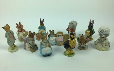 Eleven Beatrix Potter figures - Little Black Rabbit, Mrs Rabbit and Bunnies, Foxy Whiskered Gentleman, Sally Henny Penny, Timmy Tiptoes, Hunca Munca, Appley Dapply, Lady Mouse, Mrs Rabbit, Cecily P...