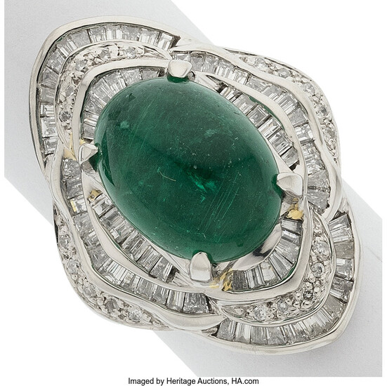 Emerald, Diamond, Platinum Ring Stones: Emerald cabochon; baguette, tapered...