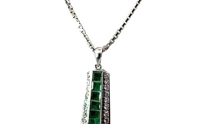 Emerald and Diamond Pendant and Chain - 14K White Gold