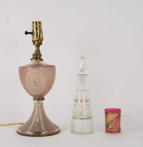 Enameled Glass Decanter, Souvenir Cup, Lamp