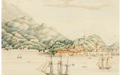 English School, circa 1840, HMS Spider and HMS Rose at anchor in Guanabara Bay off Rio de Janeiro, Corcovado beyond