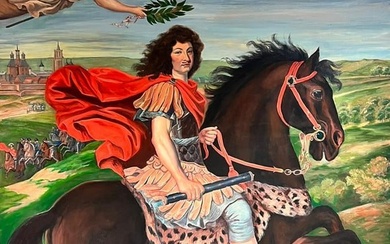 Enormous French Oil Painting King Louis XIV of France on Horseback 20th Century