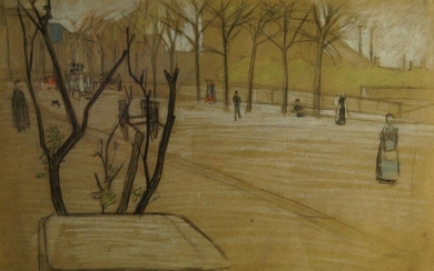 European School, late 19th century- Figures promenading in a park; black and coloured chalk on brown paper, 24 x 36.5 cm