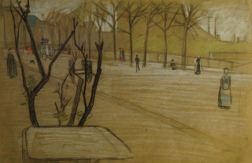 European School, late 19th century- Figures promenading in a park; black and coloured chalk on brown paper, 24 x 36.5 cm