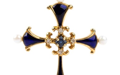 FABERGÉ®, Diamond sapphire gold enamelled cross pendant