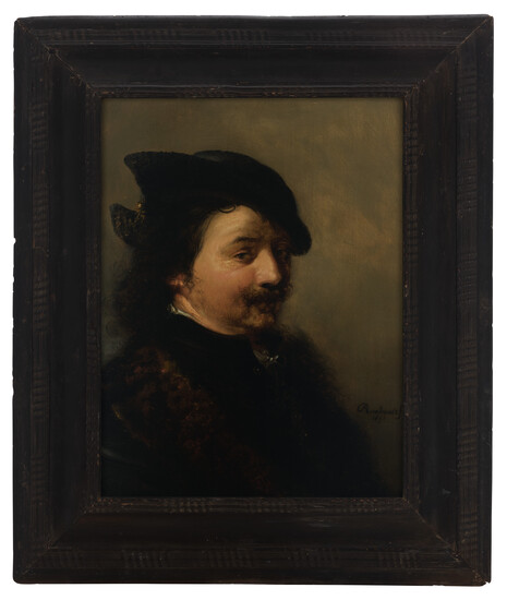 FOLLOWER OF REMBRANDT HARMENSZ. VAN RIJN Portrait of a man, bust-length, in a black hat