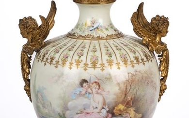 FRENCH SEVRES-STYLE ORMOLU-MOUNTED PORCELAIN LARGE BOLTED COVERED URN