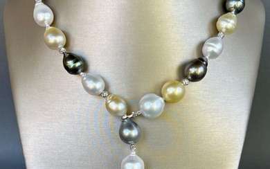 Fine 15mm-11mm White and Gold South Sea and Tahitian Pearl Lariat Necklace