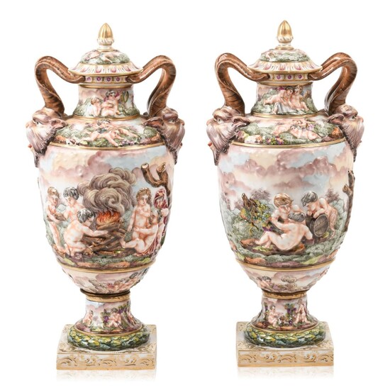 Fine Pair of 19TH C. Capodimonte Covered Urns