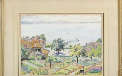 Fine Watercolor Painting Ocean Side Estate, Unsigned