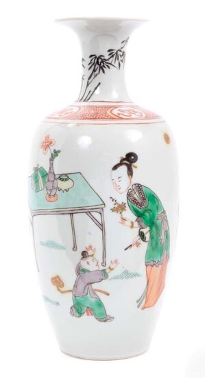 Fine antique Chinese famille verte porcelain baluster vase, Kangxi style but probably later, decorated with a scene of children playing, 21cm height