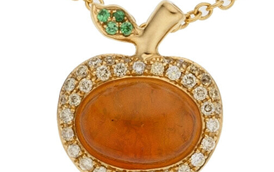 Fire Opal, Colored Diamond, Garnet, Gold Pendant-Necklace The pendant,...