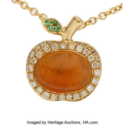 Fire Opal, Colored Diamond, Garnet, Gold Pendant-Necklace The pendant,...