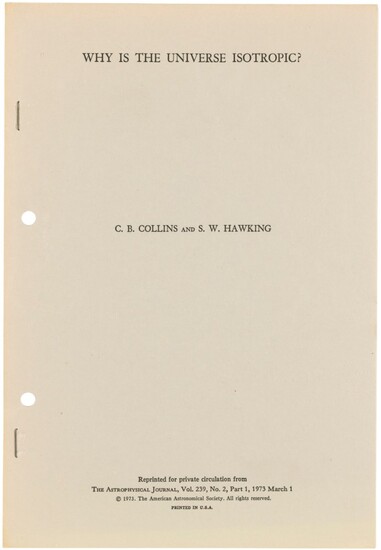 First edition of Hawking’s analysis of the cosmological principle, Stephen Hawking and C.B. Collins. 1973