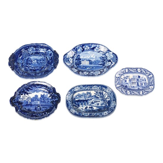 Five Staffordshire Blue Transfer-Printed Tureen Stands.