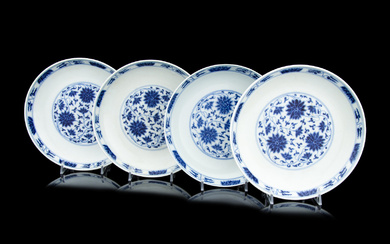 Four Chinese Blue and White Porcelain 'Lotus' Plates