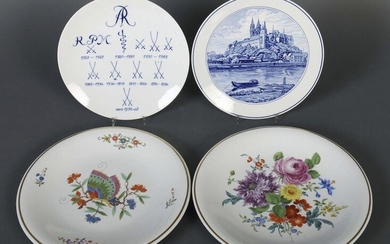 Four plates Meissen, 20th century or with year 1987, porcelain, white glazed, one plate with the different Meissen manufactory marks in hot-fire colours, one view plate with underglazed blue representation of the Albrechtsburg in Meissen, one plate...