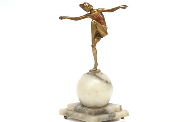 Fraaie Art Deco-lamp met bolvorm in albast bekroond met een gedoreerde dansende figuur - hoogte...