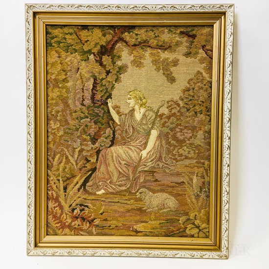 Framed Needlepoint Tapestry of a Shepherdess, ht. 32, wd. 25 3/4 in.