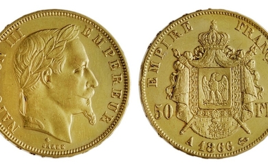 France. Napoleon III (1852-1870). 50 Francs, 1866 A. Paris. Laureate head right by Barre, rev....