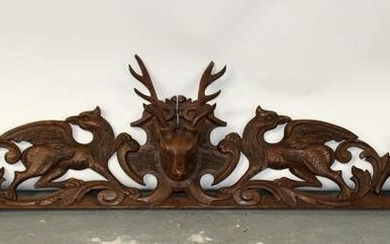 French carved oak crest with deer head