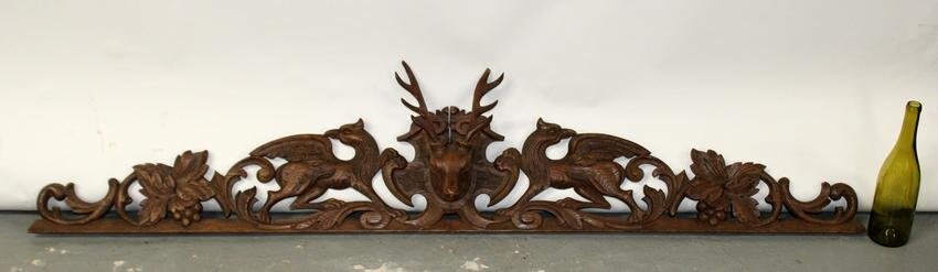 French carved oak crest with deer head