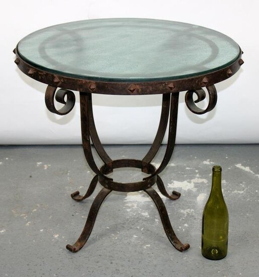French iron base table with glass top