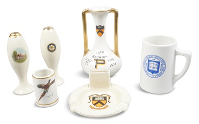 GROUP OF TRENTON POTTERIES (NEW JERSEY) COLLEGIATE, HISTORICAL AND ADVERTISING PIECES Height of largest: 8 in. (20.3 cm.), Height of smallest: 3.25 in. (8.25 cm.)