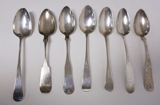 GRP OF 7 COIN SILVER SERVING SPOONS VARIOUS MAKERS