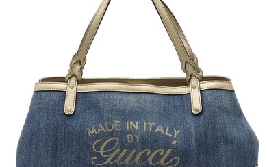 GUCCI Gucci Craft Tote Bag Shoulder Metallic Leather Blue Champagne Gold 348715