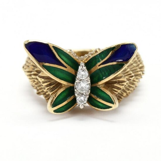 Gold, Enamel, and Diamond Butterfly Motif Ring