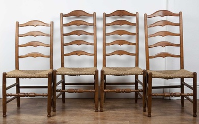 Gordon Russell (1892-1980) Four yew wood chairs with carved ladde...