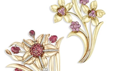 Group of Retro Ruby and Diamond Brooch and Tiffany Flower Brooch