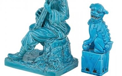 Group of Turquoise Glazed Ceramic Figures Comprising a seated musician and five fu dogs Height of musician 12 in...