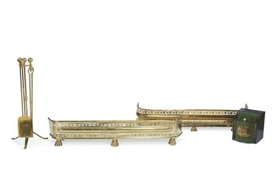 Group of brass and metal fireplace accessories, 19th