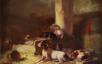 Guillaume Anne van der Brugghen (1811-1891) - Zes jachthonden in een stal