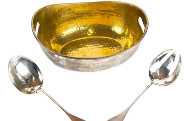 Hammered Brass Bowl & Silver Plate Salad Set