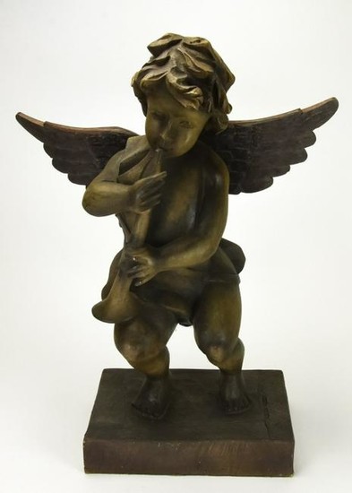 Hand Carved Wood Putti Playing Horn Statue