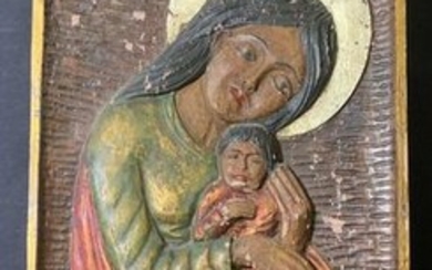 Hand Carved Wooden Relief Panel, Madonna & Child