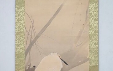 Hanging scroll - Bone, Silk - Watanabe Shotei (Seitei) (1851-1918) - Very fine scroll"White heron in the winter pond" - with original tomobako - Japan - Early 20th century