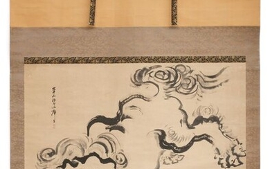 Hanging scroll, Kakejiku, Scroll - Paper, Silk, Brocade - After Watanabe Kazan 渡辺崋山 - Impressive large hanging scroll with a painting of a ferocious temple lion, signed and sealed - Japan - 19th century