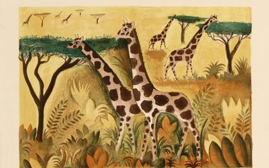 Hans Scherfig: “Syv giraffer”. Signed Scherfig 1964, 137/250. Lithograph in colours. Visible size 61×67 cm.