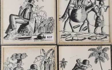 Headley Thompson four signed ink on paper sketches from Jamaica, frame size 27 x 32cm.